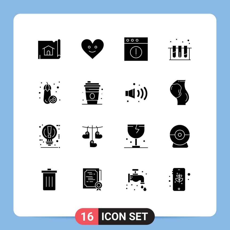 Pack of 16 creative Solid Glyphs of glass food app eggplant test Editable Vector Design Elements