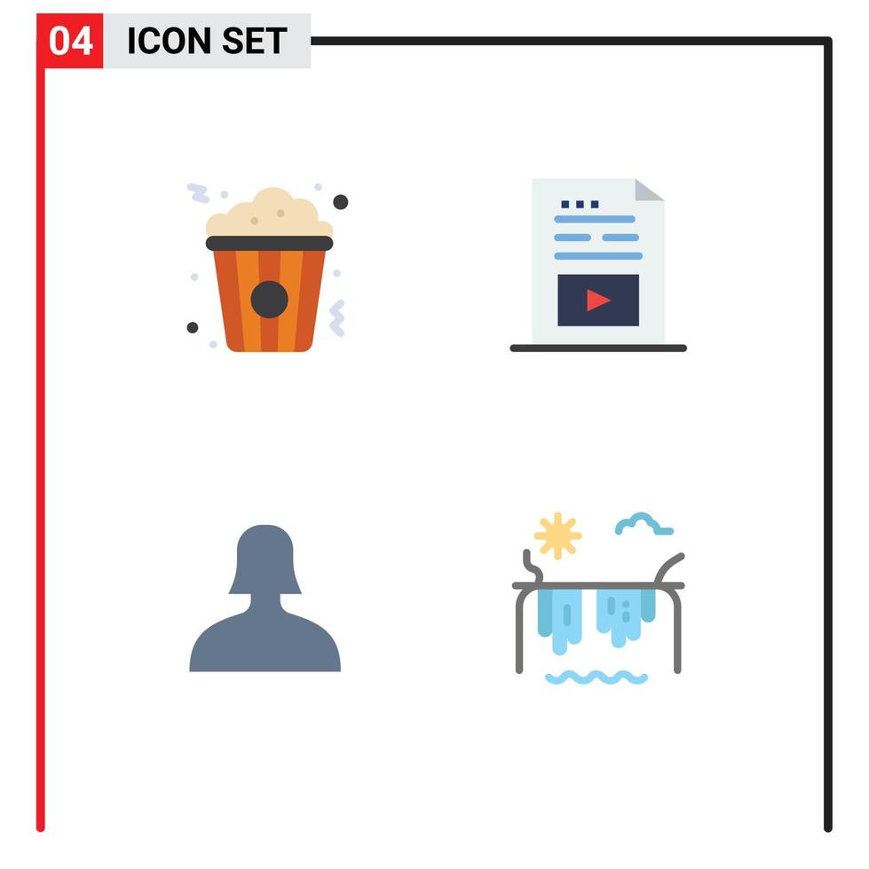paquete de 4 signos y símbolos de iconos planos modernos para medios de impresión web, como palomitas de maíz, avatar, alimentos, medios, mujer, elementos de diseño de vectores editables