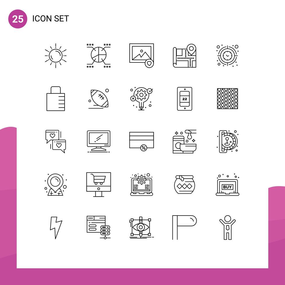 Set of 25 Modern UI Icons Symbols Signs for target clock statistics real estate map Editable Vector Design Elements