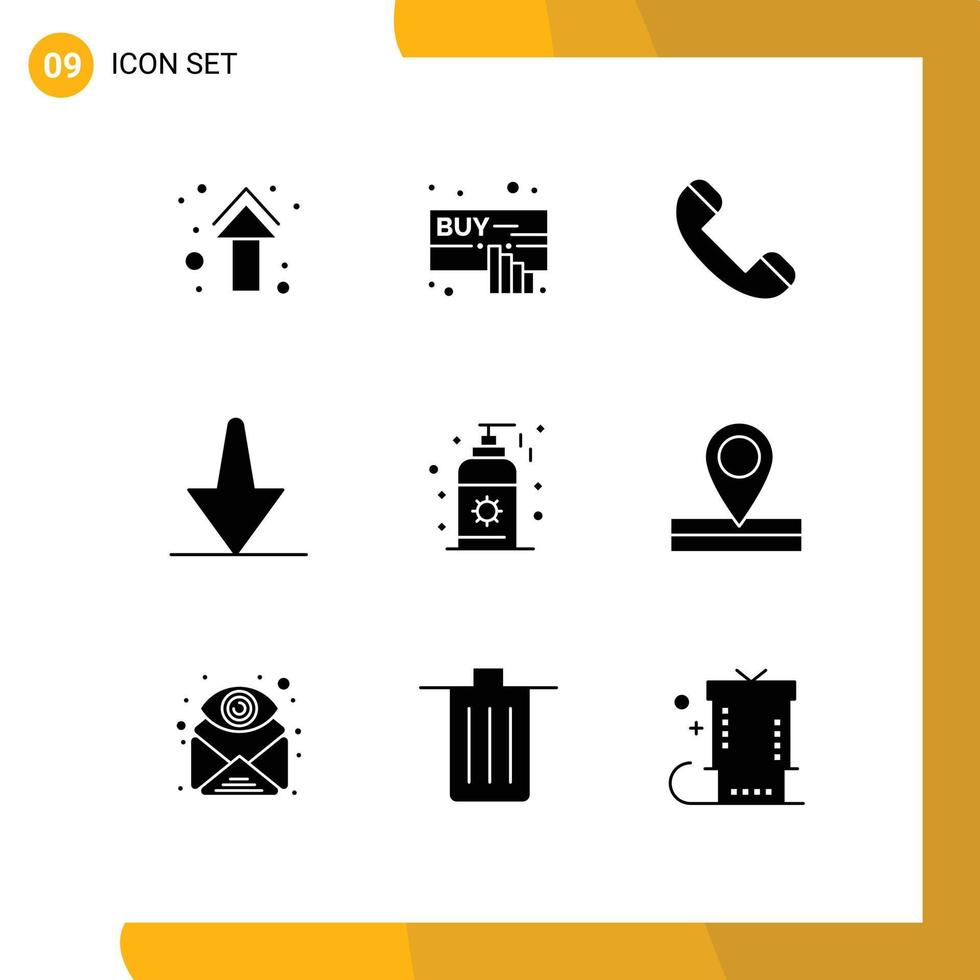 Group of 9 Solid Glyphs Signs and Symbols for sunblock down online bottom telephone Editable Vector Design Elements