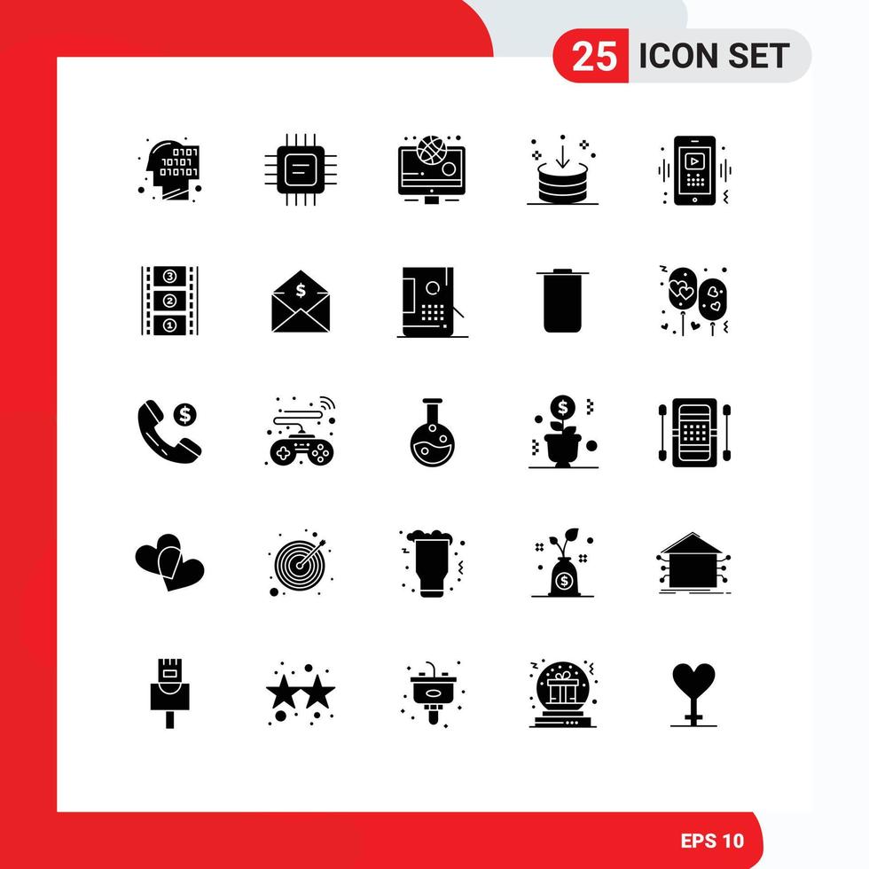 25 Thematic Vector Solid Glyphs and Editable Symbols of smart interface news import down Editable Vector Design Elements