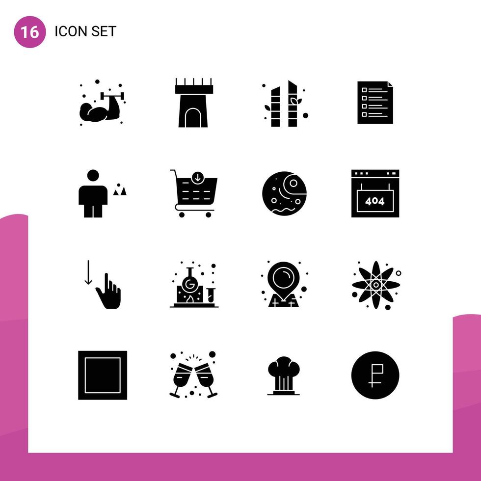 Pack of 16 Modern Solid Glyphs Signs and Symbols for Web Print Media such as avatar task tree page file Editable Vector Design Elements
