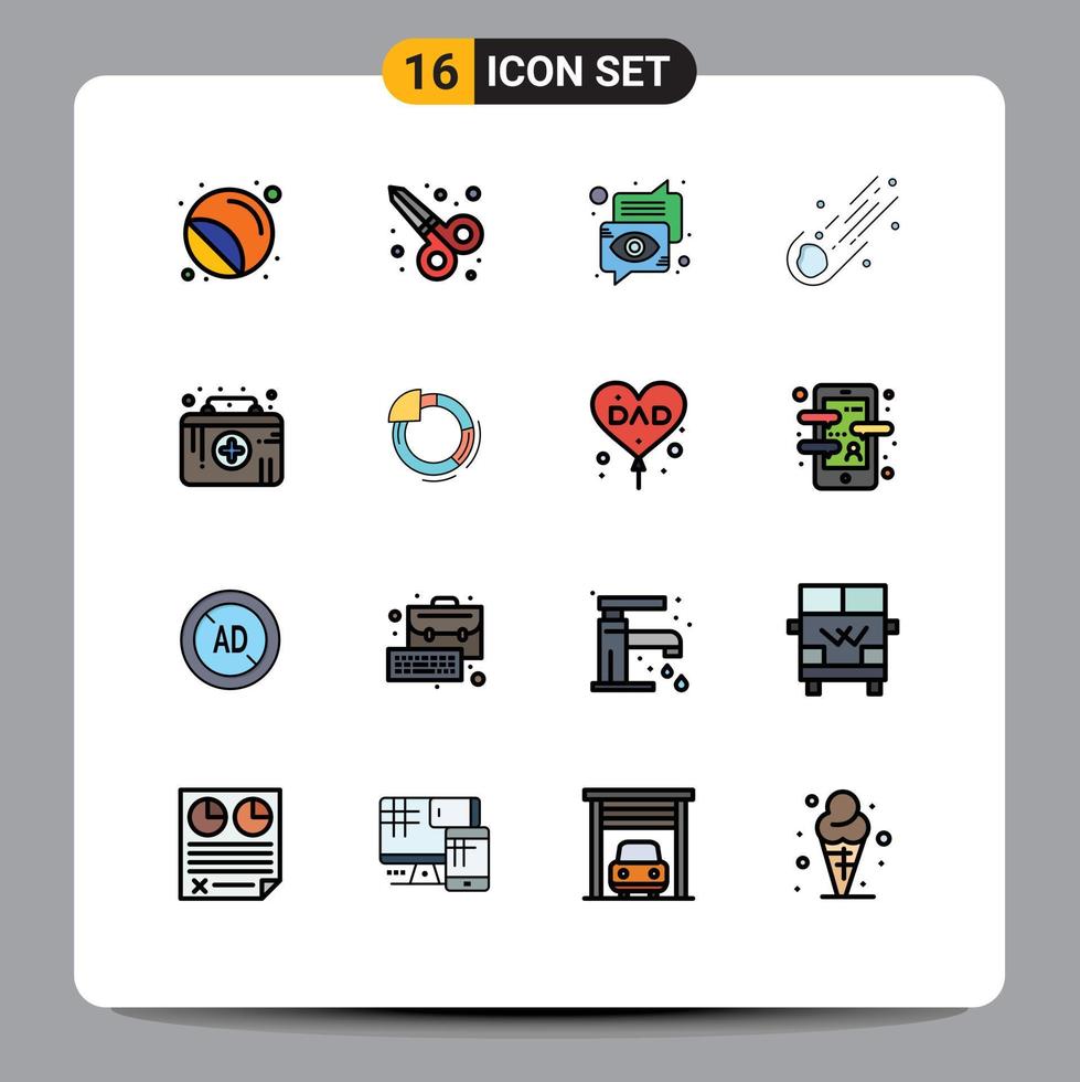 Editable Vector Line Pack of 16 Simple Flat Color Filled Lines of comet meteor bubble astronomy speech Editable Creative Vector Design Elements