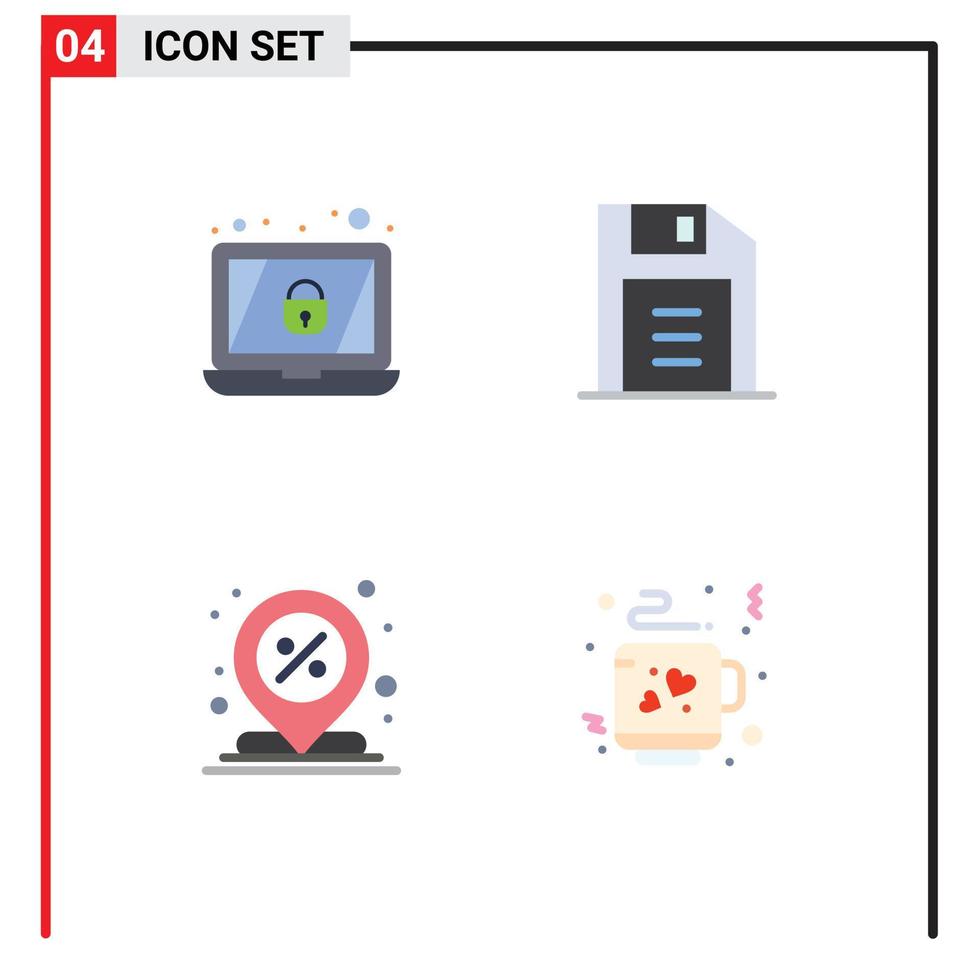 4 User Interface Flat Icon Pack of modern Signs and Symbols of encryption percent floppy disk center coffee Editable Vector Design Elements