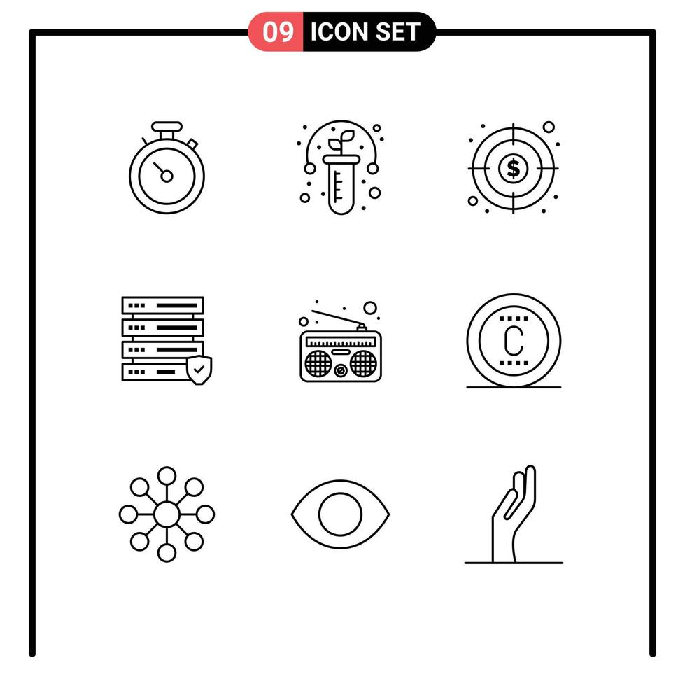 Pack of 9 creative Outlines of radio communication money server data Editable Vector Design Elements