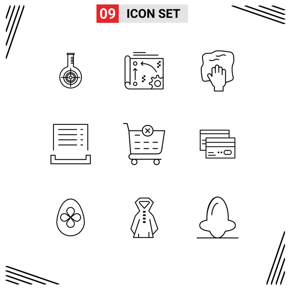 Pack of 9 Modern Outlines Signs and Symbols for Web Print Media such as payment bill technology scrub housework Editable Vector Design Elements