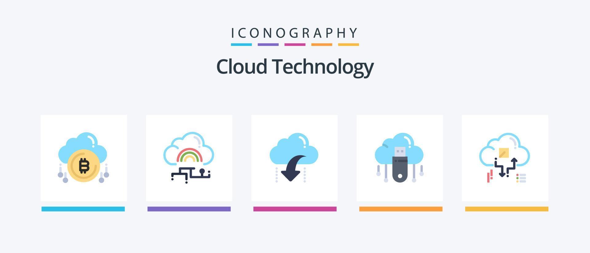 Cloud Technology Flat 5 Icon Pack Including online. usb. connect. data. down. Creative Icons Design vector