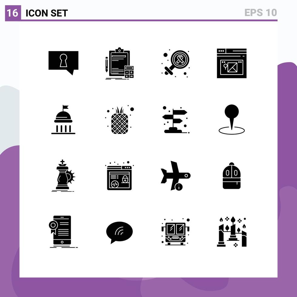 Pack of 16 Modern Solid Glyphs Signs and Symbols for Web Print Media such as political website female web internet Editable Vector Design Elements