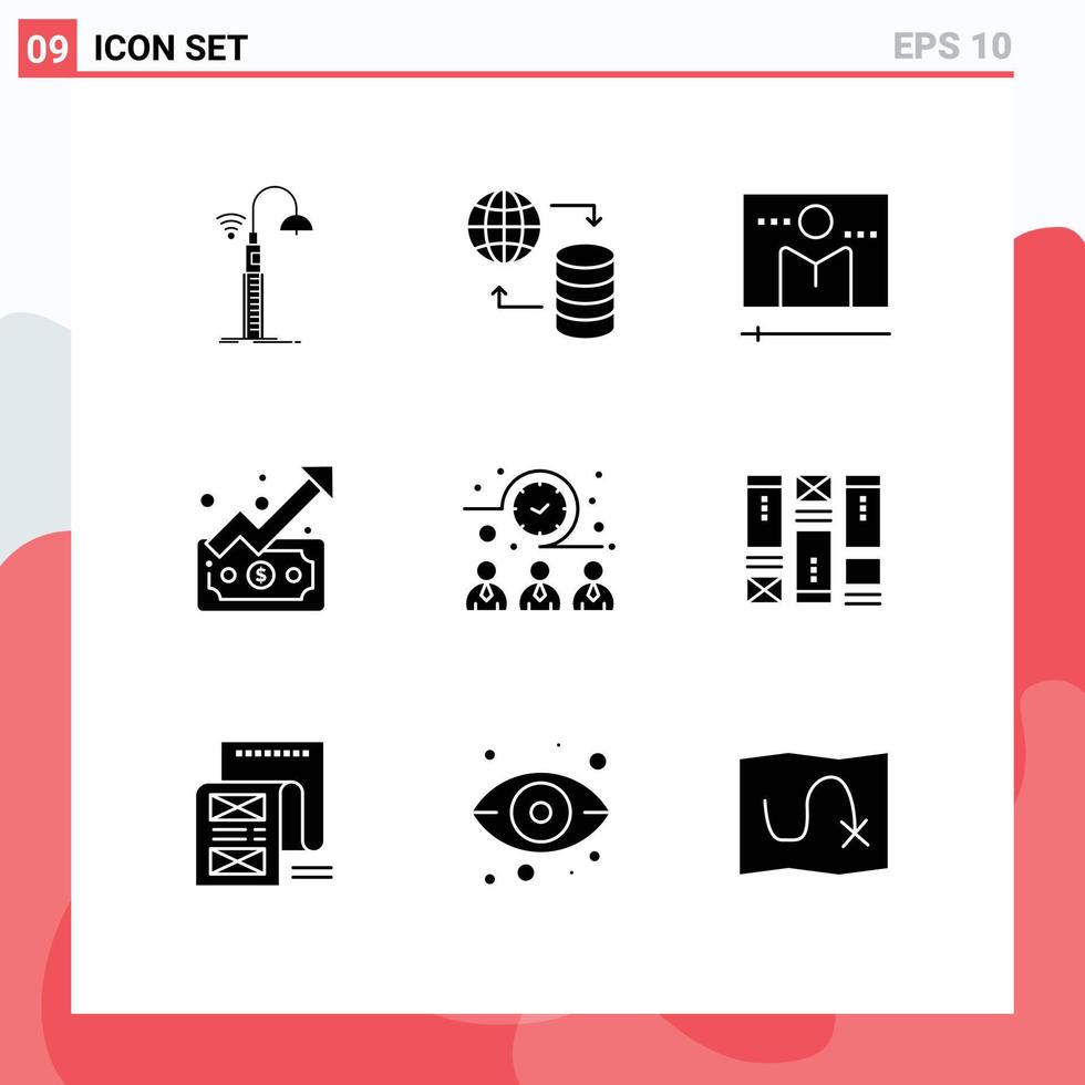 Universal Icon Symbols Group of 9 Modern Solid Glyphs of money trend web graph media player Editable Vector Design Elements