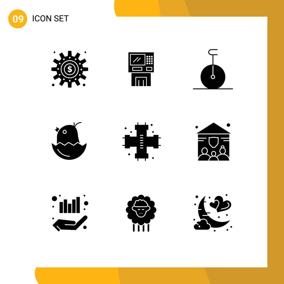 Group of 9 Modern Solid Glyphs Set for easter transport cashpoint monocycle money Editable Vector Design Elements