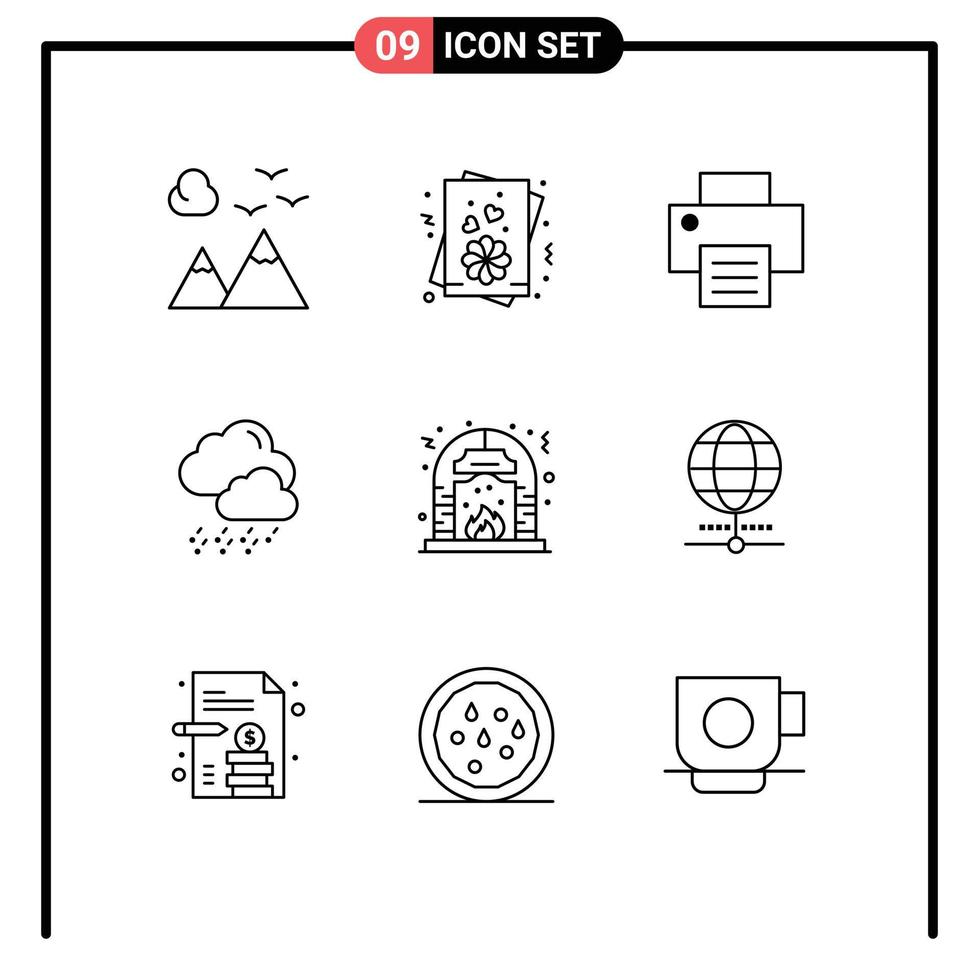 Pictogram Set of 9 Simple Outlines of place fire print culture cloud Editable Vector Design Elements