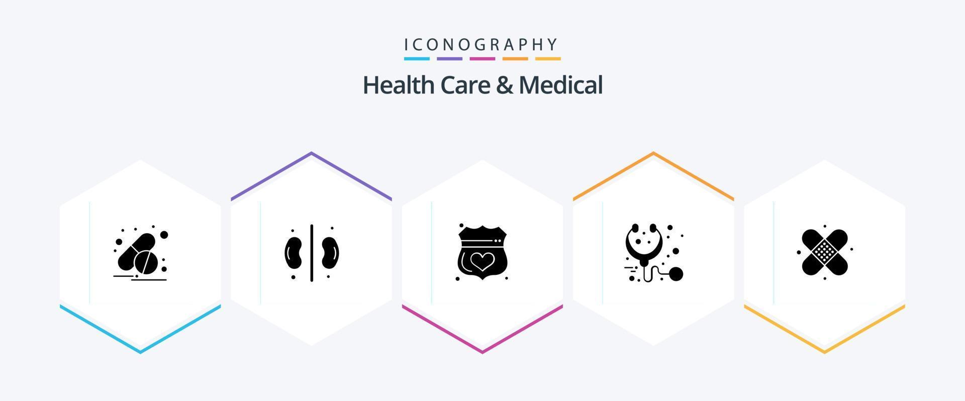 cuidado de la salud y paquete de iconos de 25 glifos médicos, incluida la salud. estetoscopio. médico. médico. cuidado vector