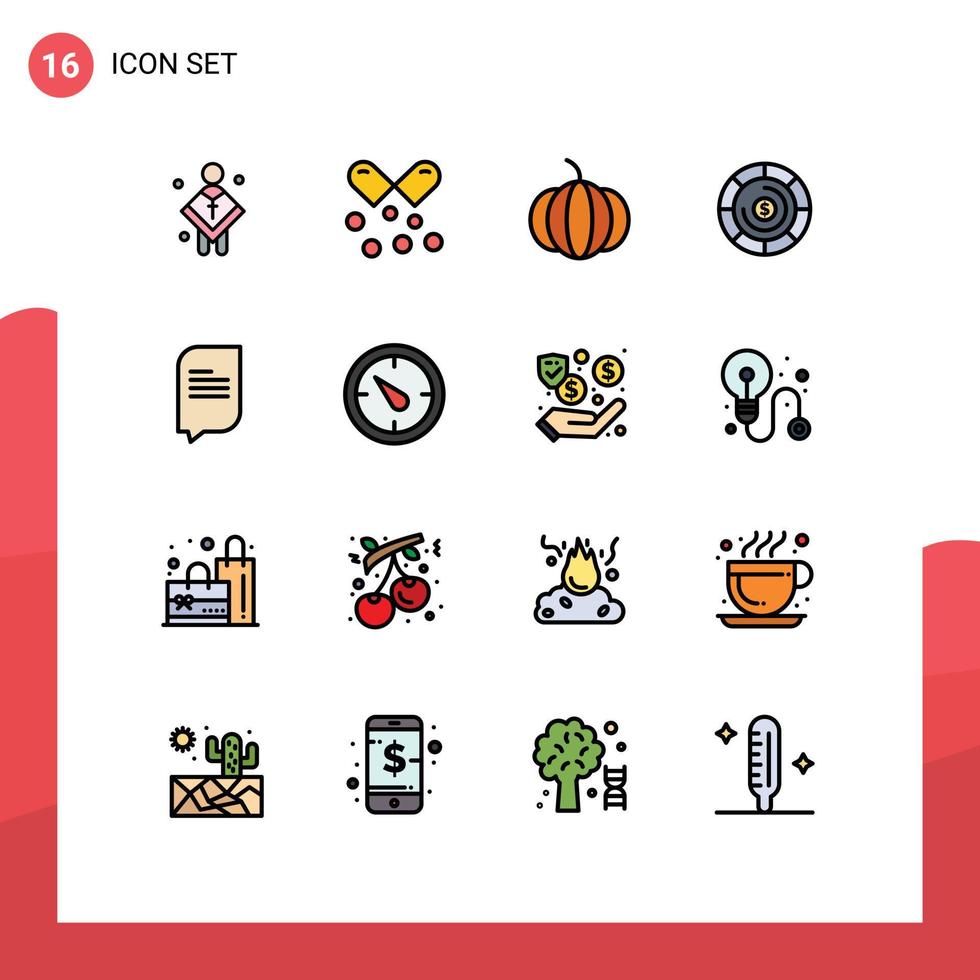 conjunto de líneas rellenas de color plano de interfaz móvil de 16 pictogramas de mensajes chat omega cápsulas presupuesto de inversión elementos de diseño de vectores creativos editables