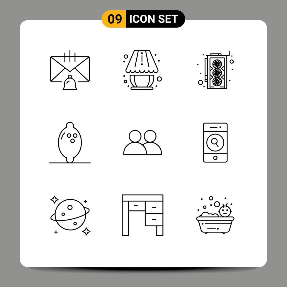 Mobile Interface Outline Set of 9 Pictograms of user add lighting lemon food Editable Vector Design Elements