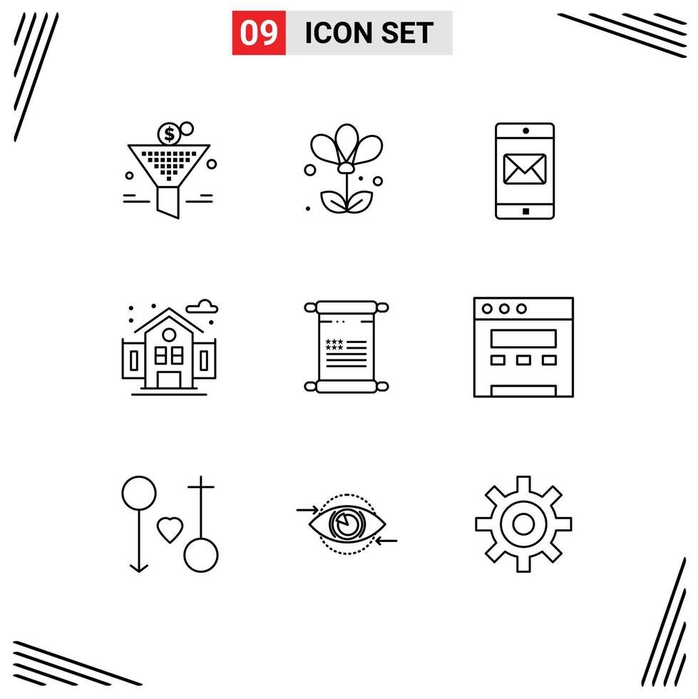 Editable Vector Line Pack of 9 Simple Outlines of american scroll application school city Editable Vector Design Elements