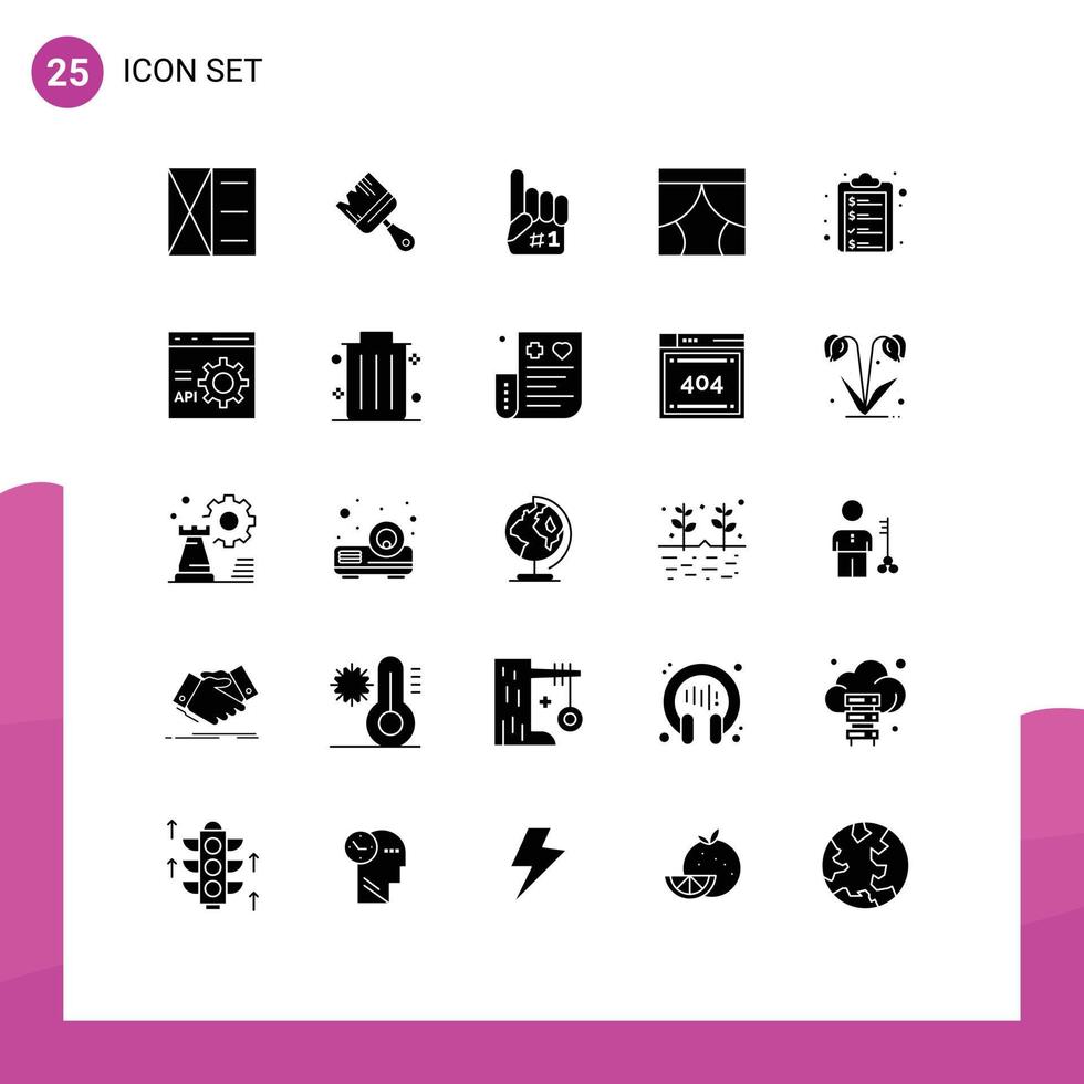 Editable Vector Line Pack of 25 Simple Solid Glyphs of check list theater fanatic stage curtain Editable Vector Design Elements