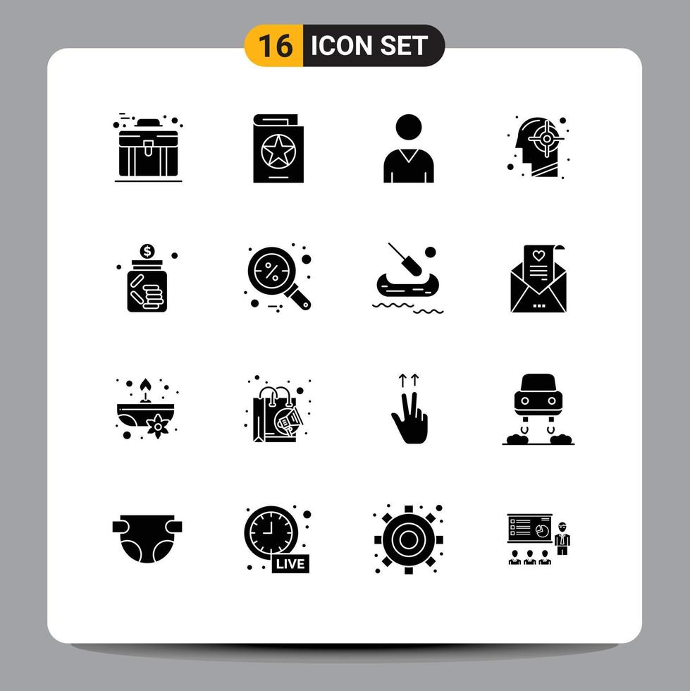 Pack of 16 Modern Solid Glyphs Signs and Symbols for Web Print Media such as banking mind witch human goal Editable Vector Design Elements