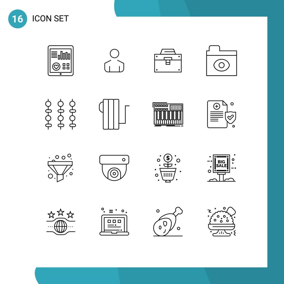grupo universal de símbolos de iconos de 16 contornos modernos de elementos de diseño de vectores editables del kit de herramientas de ojo de bolsa de carpeta de kebab