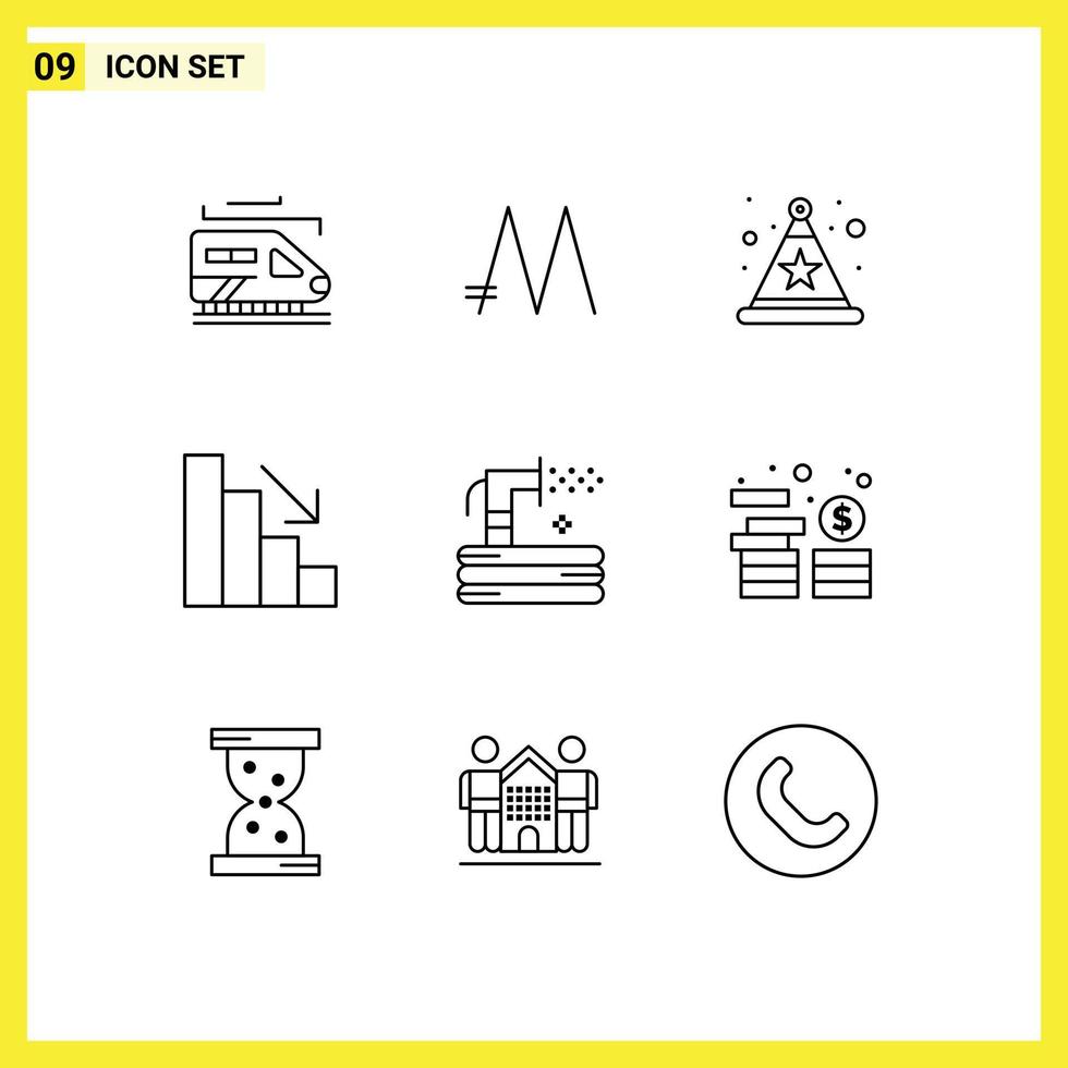 Modern Set of 9 Outlines Pictograph of water hose hat grass fall Editable Vector Design Elements