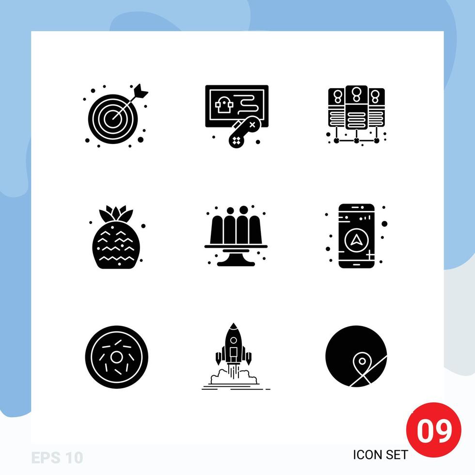 9 Thematic Vector Solid Glyphs and Editable Symbols of gps cake shared baking fruit Editable Vector Design Elements