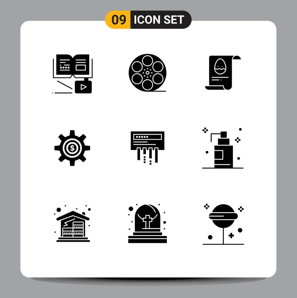 Pack of 9 creative Solid Glyphs of receiver dollar file gear cog Editable Vector Design Elements