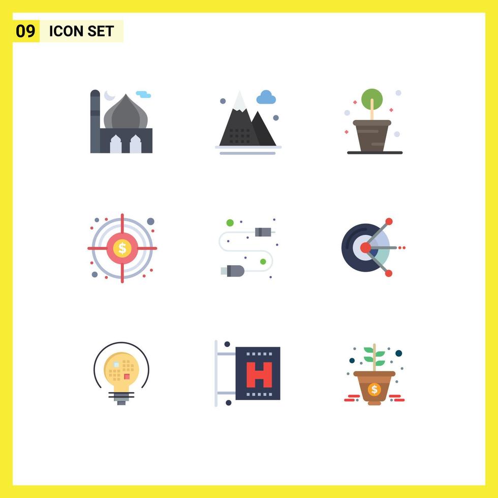 Mobile Interface Flat Color Set of 9 Pictograms of cable target mountains goal potted plant Editable Vector Design Elements