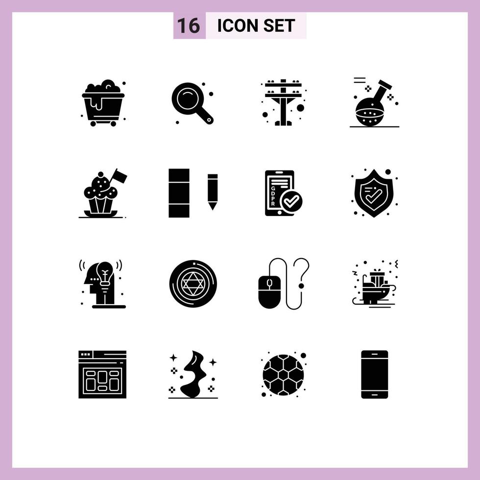 Set of 16 Vector Solid Glyphs on Grid for cooker hat chef hat electric tower chef potion Editable Vector Design Elements