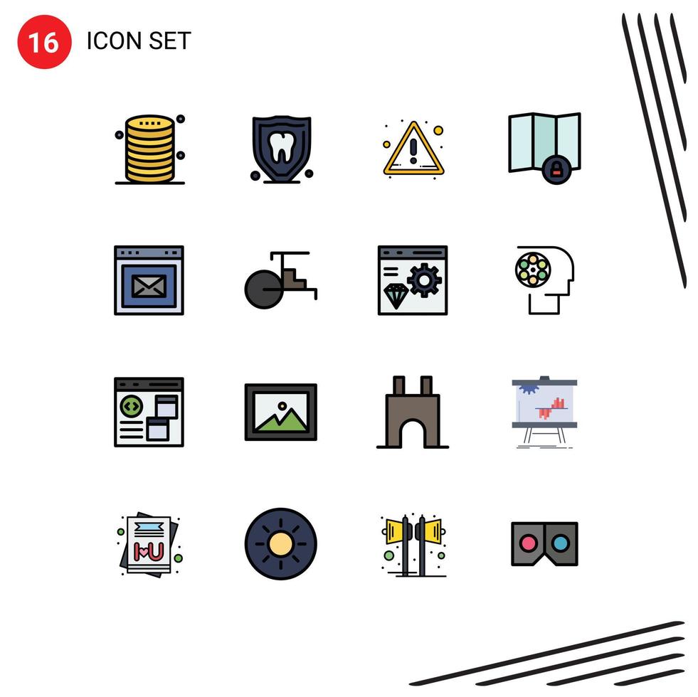 Flat Color Filled Line Pack of 16 Universal Symbols of webpage browser tooth map location Editable Creative Vector Design Elements