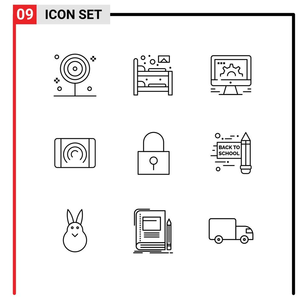 User Interface Pack of 9 Basic Outlines of lock touch computer user web Editable Vector Design Elements