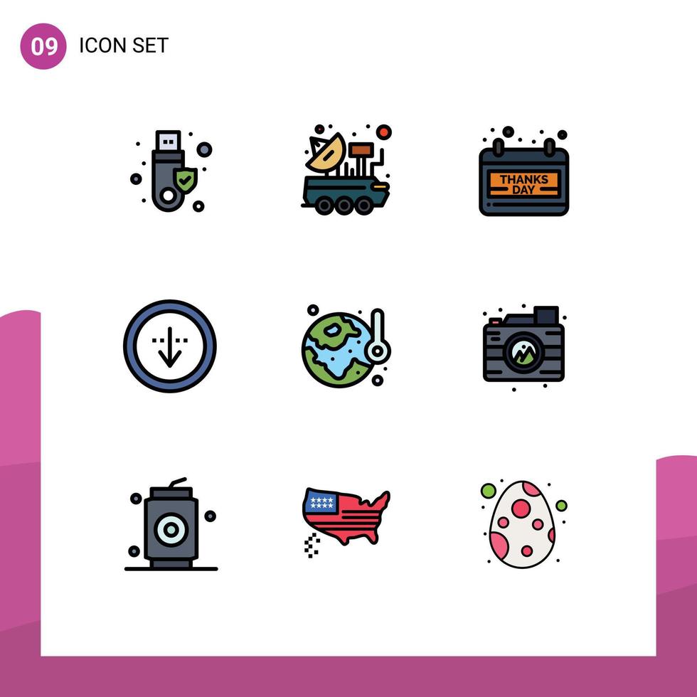 Universal Icon Symbols Group of 9 Modern Filledline Flat Colors of interface download space down thanks day Editable Vector Design Elements