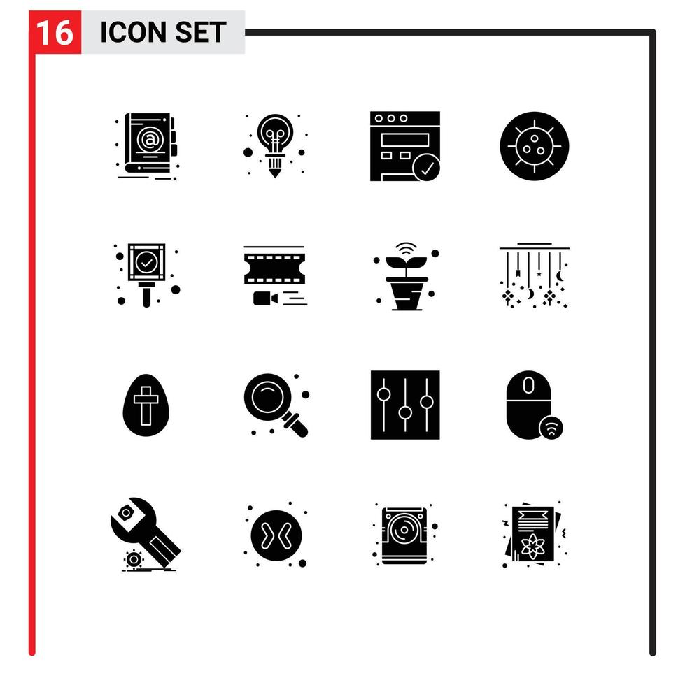 16 Thematic Vector Solid Glyphs and Editable Symbols of animation ok seo mark virus Editable Vector Design Elements