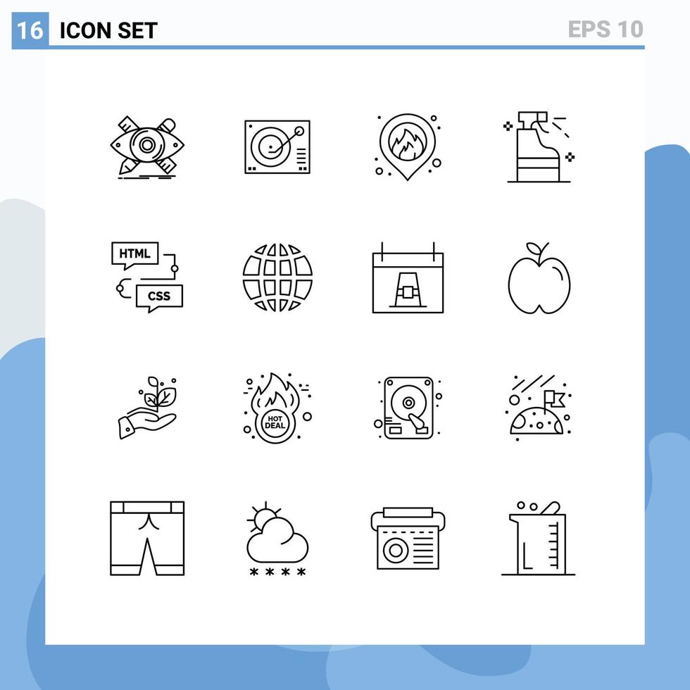 16 Thematic Vector Outlines and Editable Symbols of coding detergent player cleaning map Editable Vector Design Elements