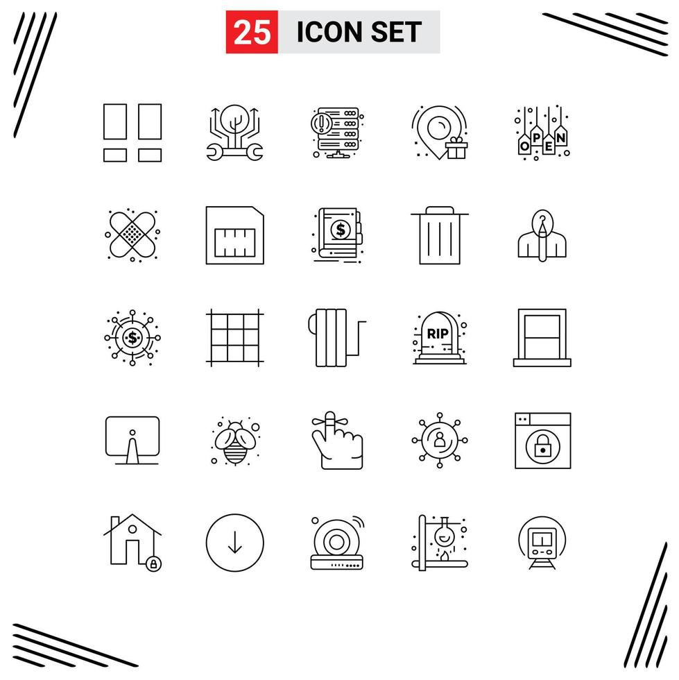 Line Pack of 25 Universal Symbols of open box hacking birthday service Editable Vector Design Elements