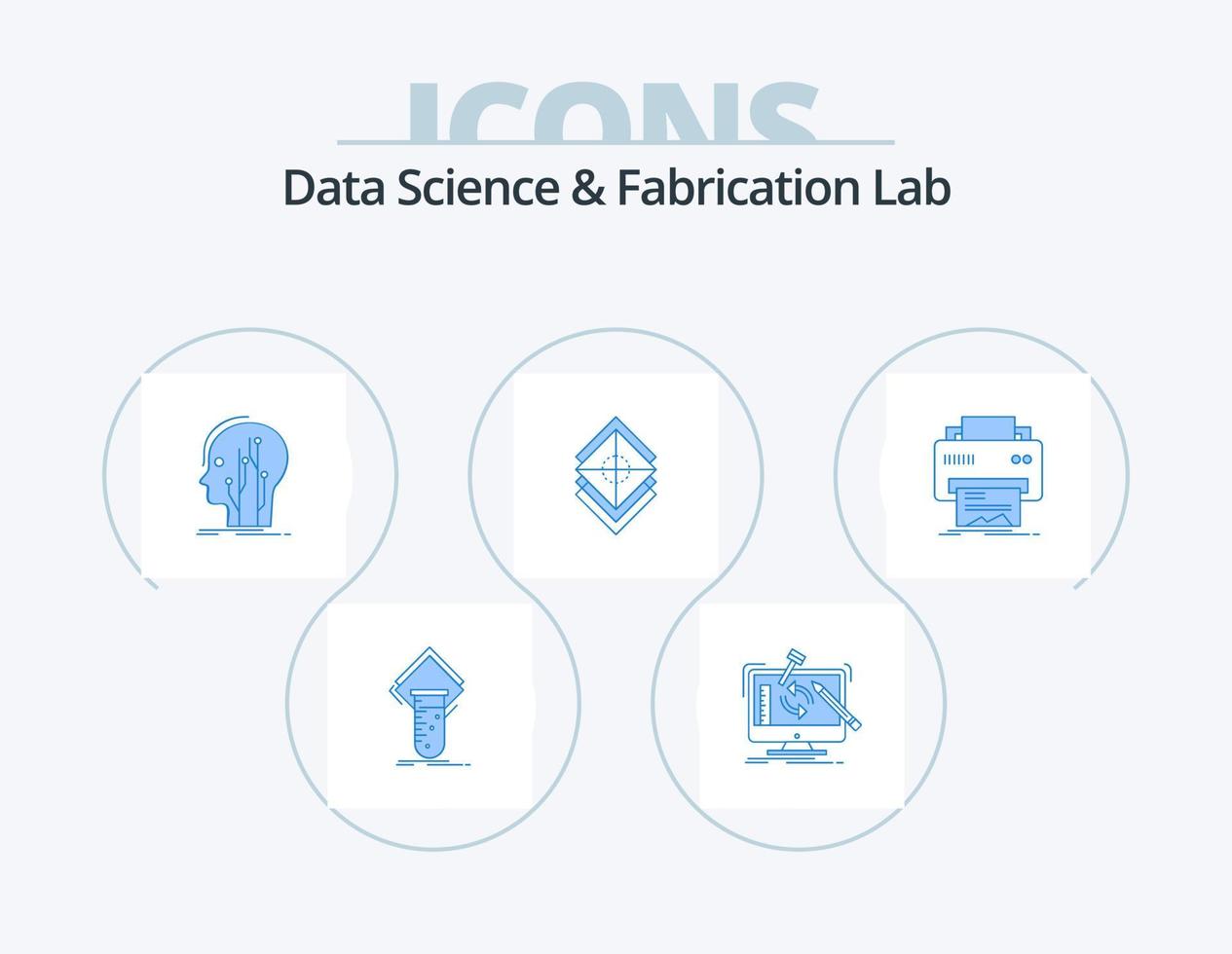 Data Science And Fabrication Lab Blue Icon Pack 5 Icon Design. layers. arrange. workshop. network. human vector