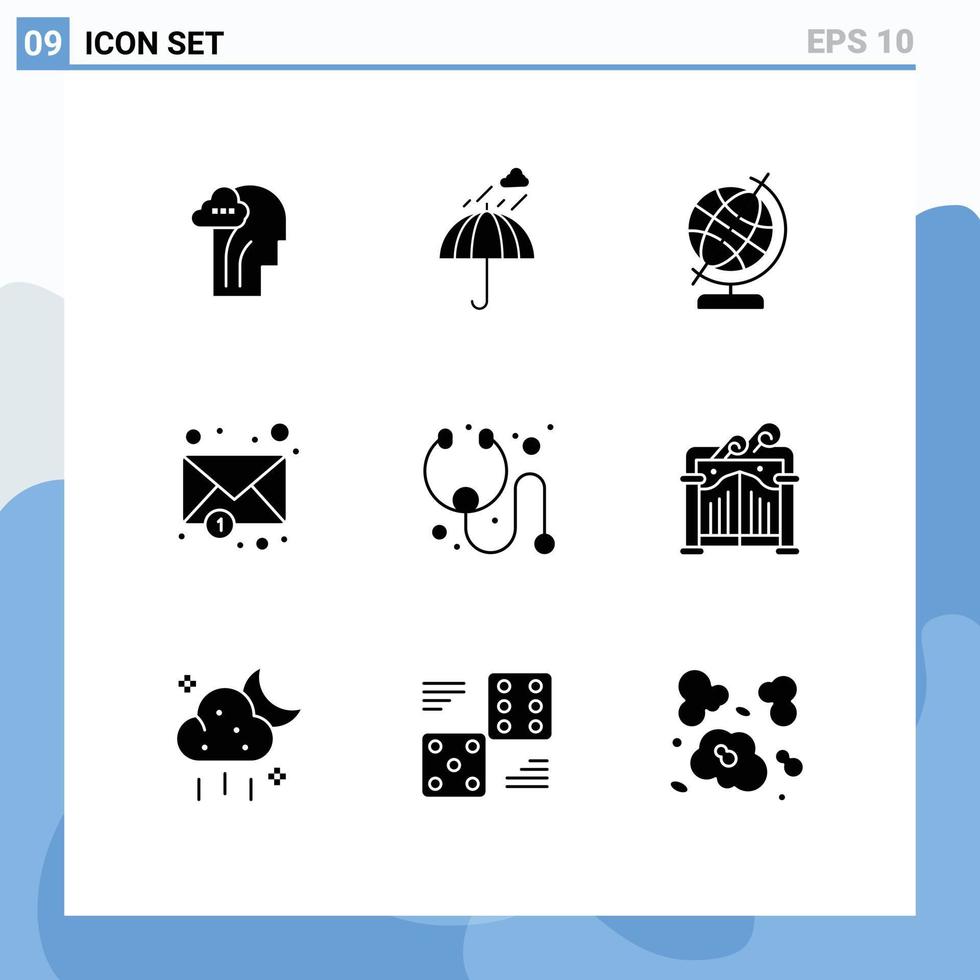 conjunto de glifos sólidos de interfaz móvil de 9 pictogramas de estetoscopio cura notificación meteorológica sobre elementos de diseño vectorial editables vector
