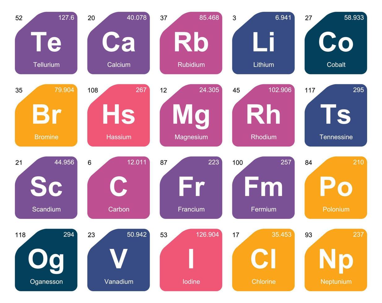 diseño de paquete de iconos de 20 tablas preiodicas de los elementos vector