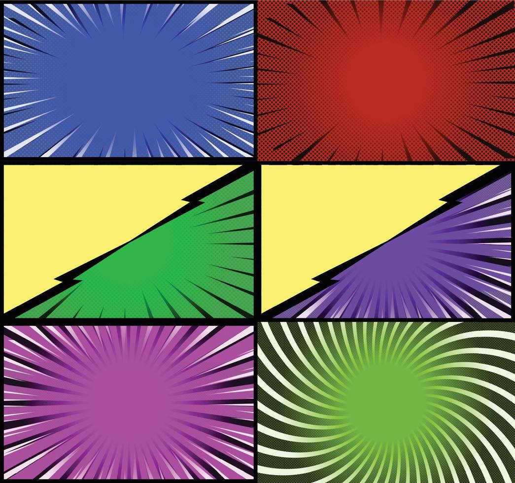 Comic book colorful frames background with halftone rays radial and dotted effects pop art style vector