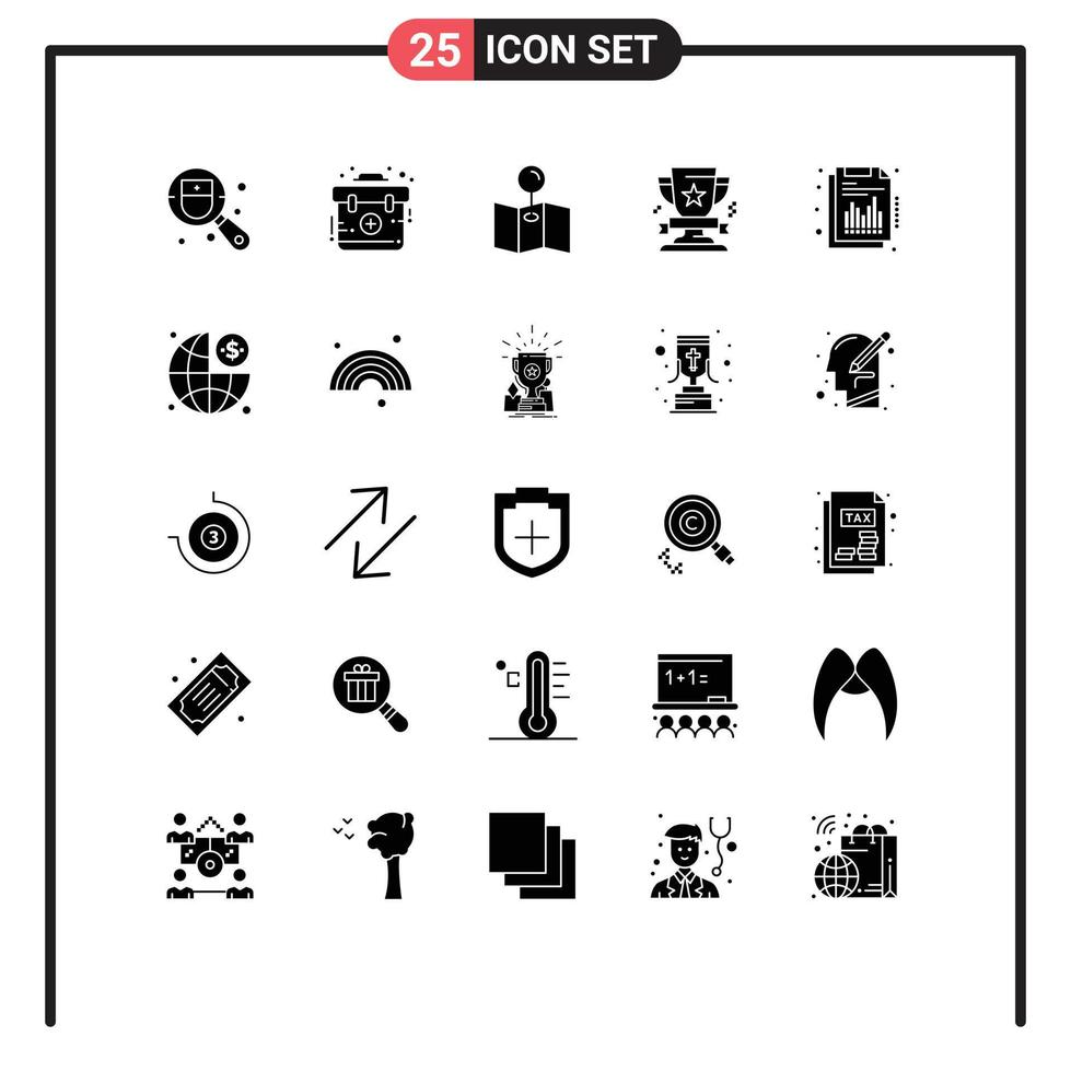 Group of 25 Modern Solid Glyphs Set for quarterly annual map prize win Editable Vector Design Elements