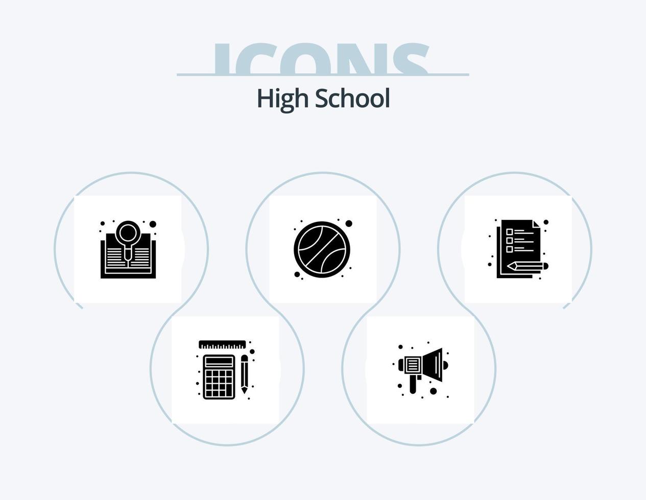 High School Glyph Icon Pack 5 Icon Design. notes. tennis. speaker. sport. search vector