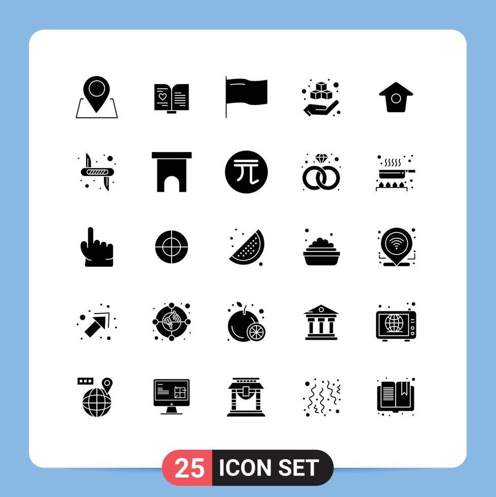User Interface Pack of 25 Basic Solid Glyphs of knife tweet flag birdhouse hand Editable Vector Design Elements