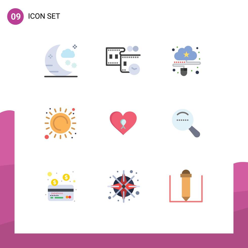 Group of 9 Flat Colors Signs and Symbols for love heat connected sunlight summer Editable Vector Design Elements