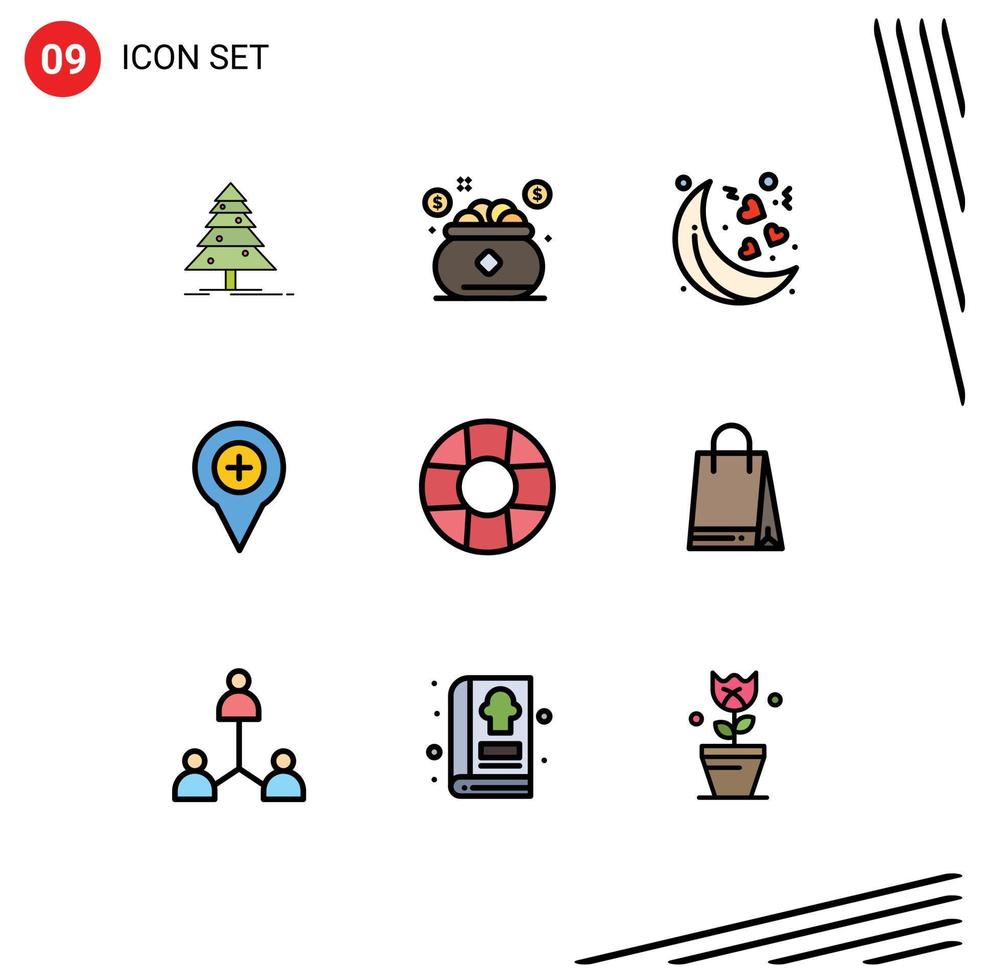 9 Universal Filledline Flat Color Signs Symbols of help pin saving navigation location Editable Vector Design Elements