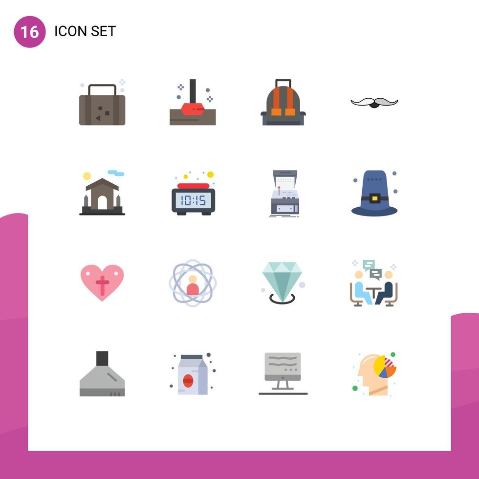 conjunto de pictogramas de 16 colores planos simples de bolsa de vacaciones viaje baño escuela paquete editable de elementos creativos de diseño de vectores