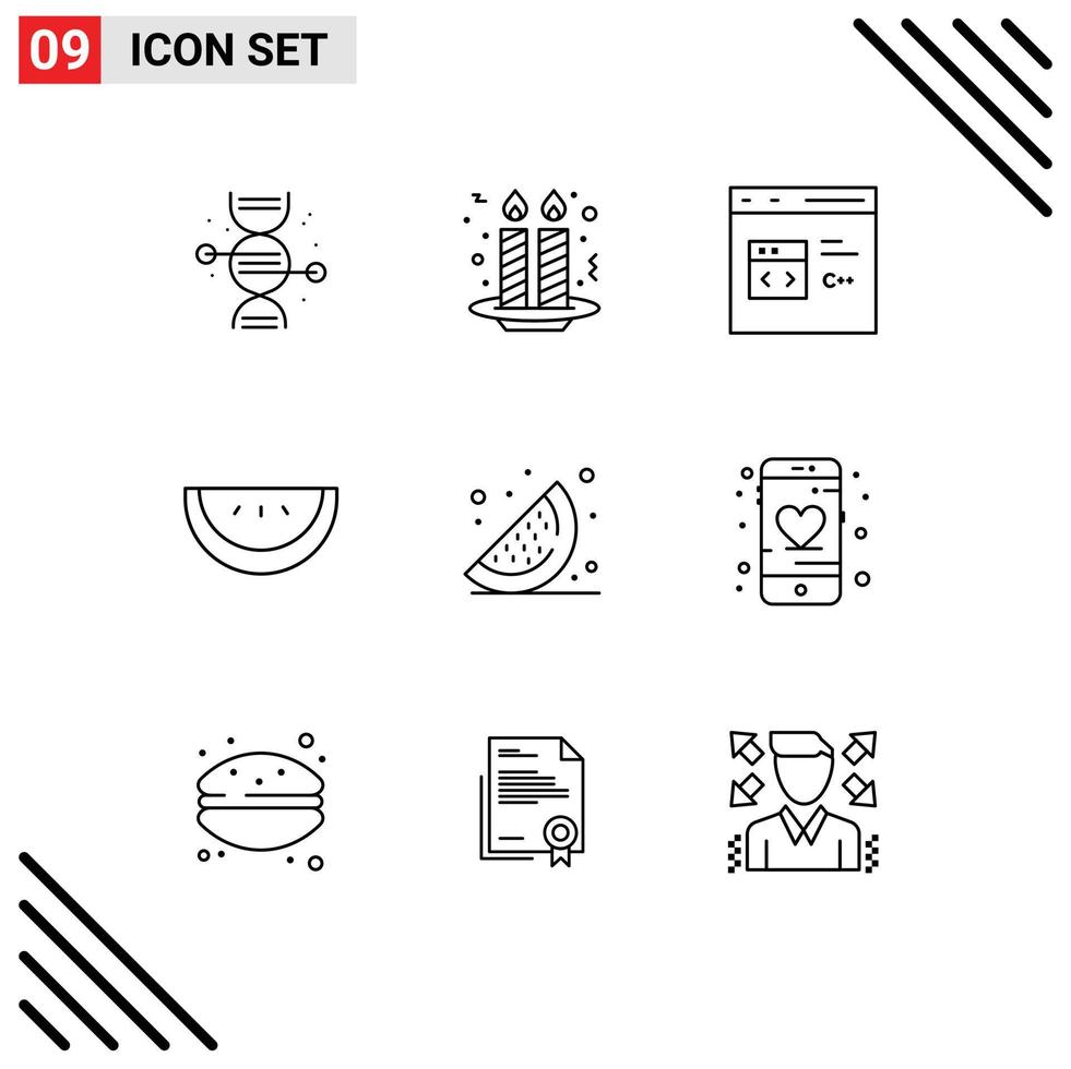9 Thematic Vector Outlines and Editable Symbols of watermelon food c watermelon development Editable Vector Design Elements