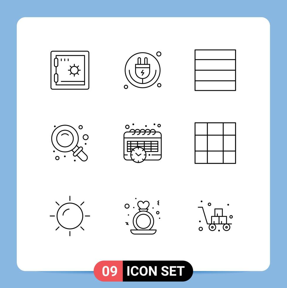Universal Icon Symbols Group of 9 Modern Outlines of grid schedule grid calendar research Editable Vector Design Elements