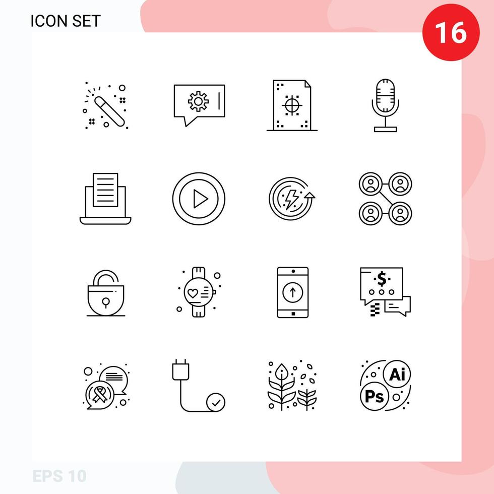 16 iconos creativos, signos y símbolos modernos de texto, desarrollo de portátiles, micrófono, transmisión, elementos de diseño vectorial editables vector