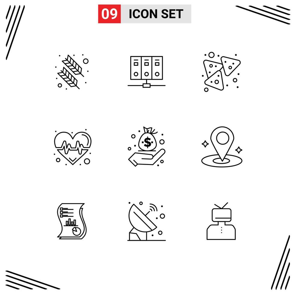 Pack of 9 Modern Outlines Signs and Symbols for Web Print Media such as finance science chips heart pulse Editable Vector Design Elements