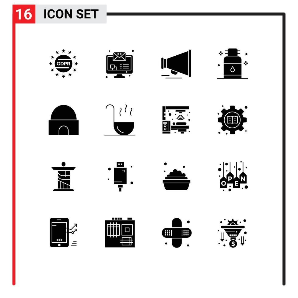 Editable Vector Line Pack of 16 Simple Solid Glyphs of islamic building building laud spa oil Editable Vector Design Elements