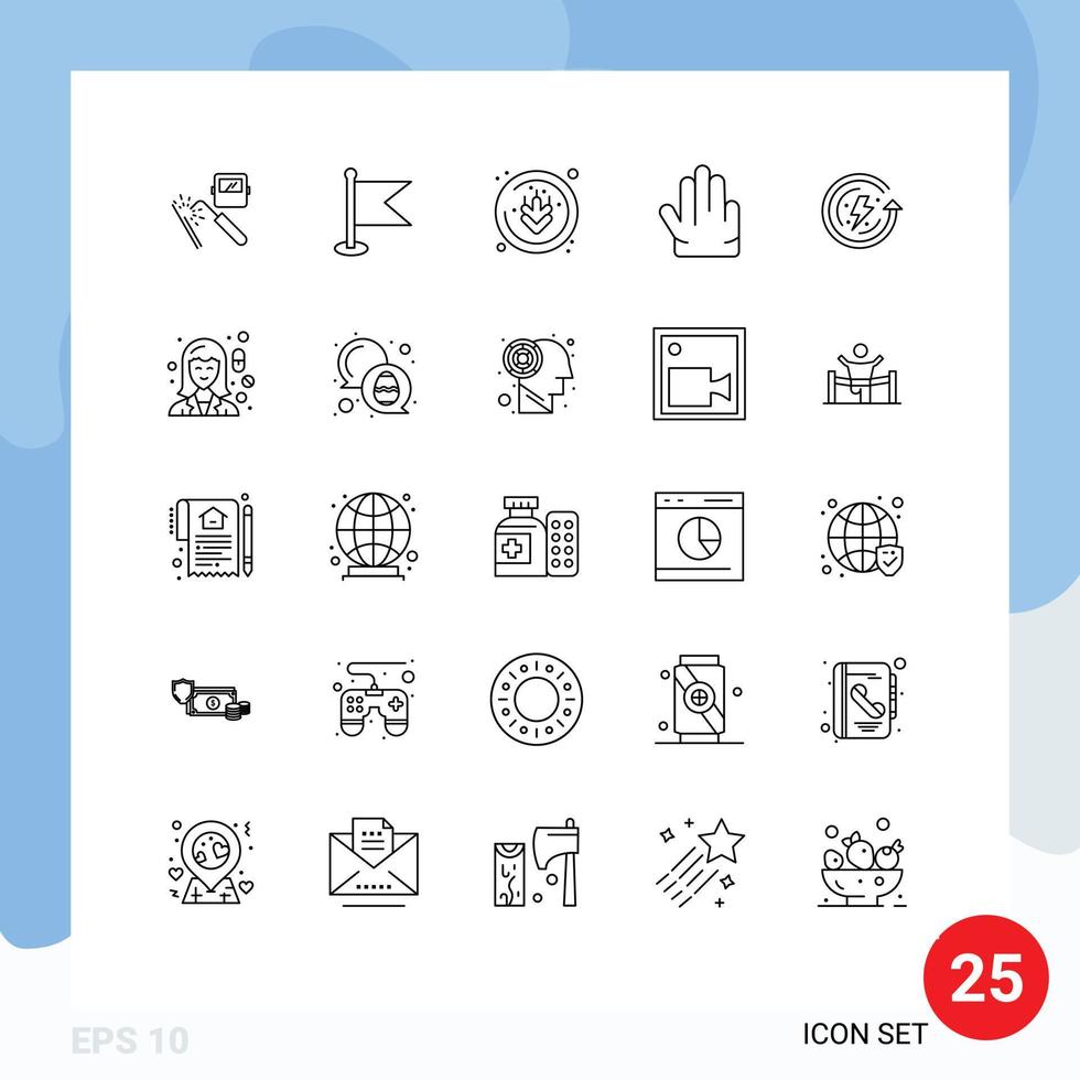 25 User Interface Line Pack of modern Signs and Symbols of energy earth day world hand fingers Editable Vector Design Elements