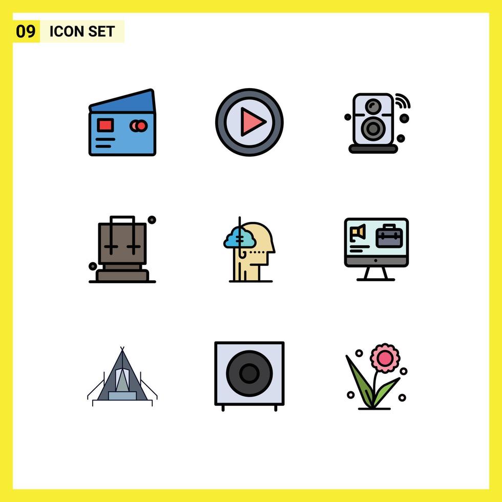 Group of 9 Modern Filledline Flat Colors Set for camping backpack play wifi internet of things Editable Vector Design Elements